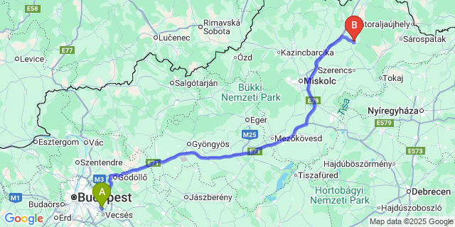 Map: Budapest Airport (BUD), Ferihegy, Liszt Ferenc to Abaújkér