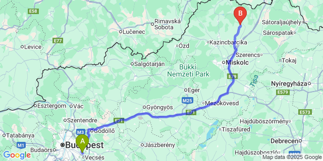 Map: Budapest Airport (BUD), Ferihegy, Liszt Ferenc to Abaújszolnok