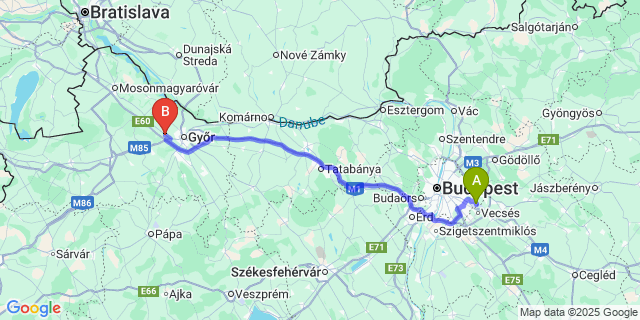 Map: Budapest Airport (BUD), Ferihegy, Liszt Ferenc to Abda