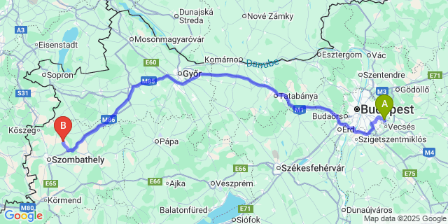 Map: Budapest Airport (BUD), Ferihegy, Liszt Ferenc to Acsád