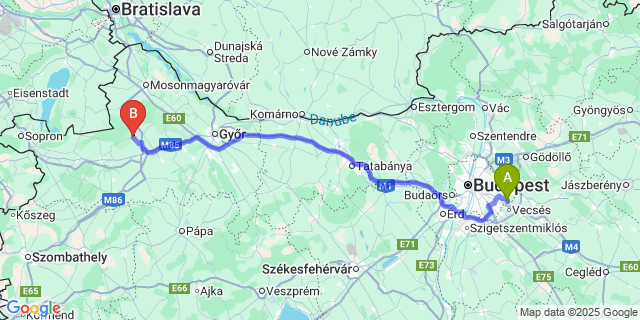 Map: Budapest Airport (BUD), Ferihegy, Liszt Ferenc to Acsalag