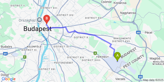 Map: Budapest Airport (BUD), Ferihegy, Liszt Ferenc to Adagio Downtown Rooms
