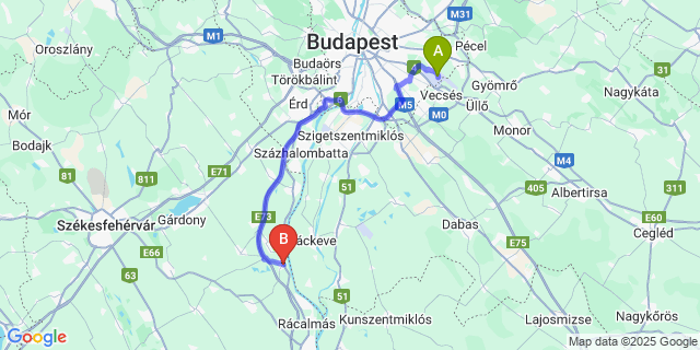 Map: Budapest Airport (BUD), Ferihegy, Liszt Ferenc to Adony