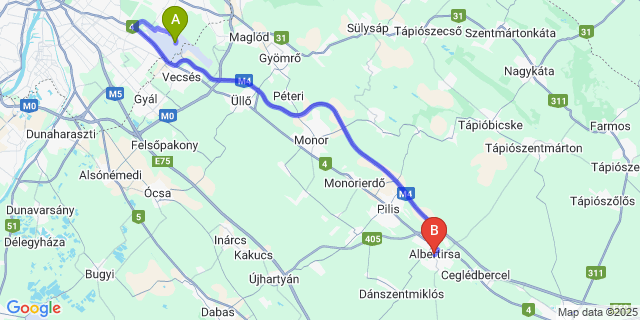 Map: Budapest Airport (BUD), Ferihegy, Liszt Ferenc to Albertirsa