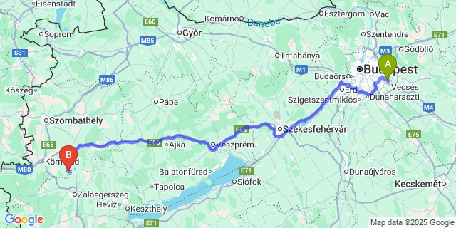 Map: Budapest Airport (BUD), Ferihegy, Liszt Ferenc to Andrásfa