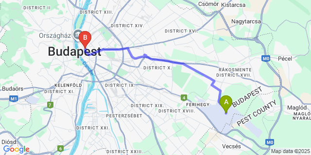 Map: Budapest Airport (BUD), Ferihegy, Liszt Ferenc to Andrássy Thai Hotel