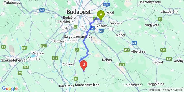 Map: Budapest Airport (BUD), Ferihegy, Liszt Ferenc to Apaj