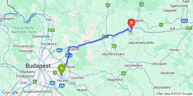 Map: Budapest Airport (BUD), Ferihegy, Liszt Ferenc to Atkár