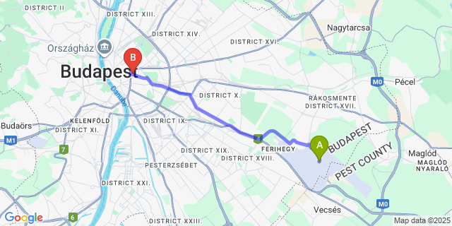 Map: Budapest Airport (BUD), Ferihegy, Liszt Ferenc to Atrium Fashion Hotel
