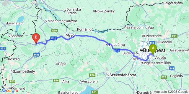 Map: Budapest Airport (BUD), Ferihegy, Liszt Ferenc to Babót