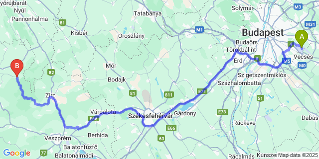 Map: Budapest Airport (BUD), Ferihegy, Liszt Ferenc to Bakonykoppány