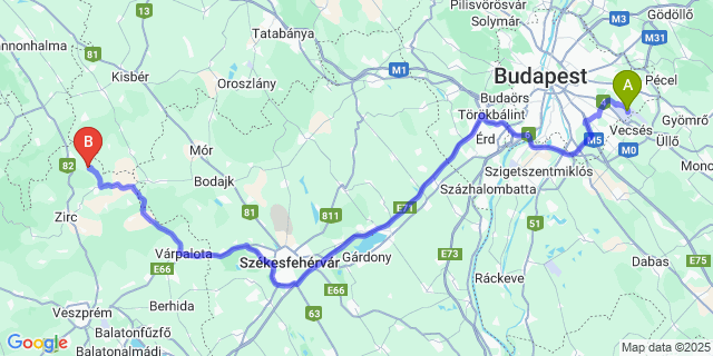 Map: Budapest Airport (BUD), Ferihegy, Liszt Ferenc to Bakonyoszlop