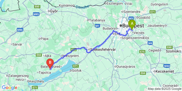Map: Budapest Airport (BUD), Ferihegy, Liszt Ferenc to Balatoncsicsó