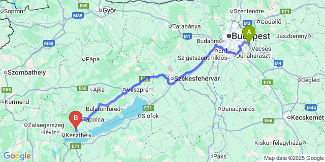 Map: Budapest Airport (BUD), Ferihegy, Liszt Ferenc to Balatonederics