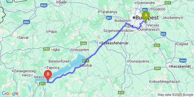 Map: Budapest Airport (BUD), Ferihegy, Liszt Ferenc to Balatonfenyves