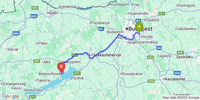 Map: Budapest Airport (BUD), Ferihegy, Liszt Ferenc to Balatonfüred