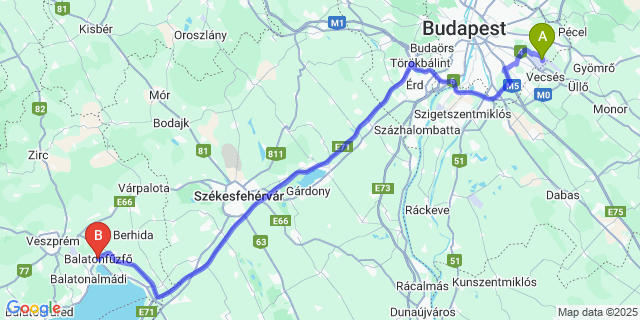 Map: Budapest Airport (BUD), Ferihegy, Liszt Ferenc to Balatonfűzfő