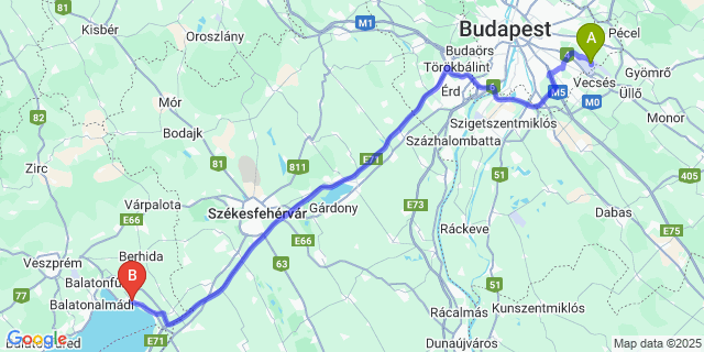 Map: Budapest Airport (BUD), Ferihegy, Liszt Ferenc to Balatonkenese