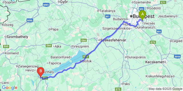 Map: Budapest Airport (BUD), Ferihegy, Liszt Ferenc to Balatonszentgyörgy