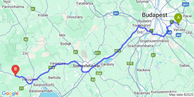 Map: Budapest Airport (BUD), Ferihegy, Liszt Ferenc to Bánd