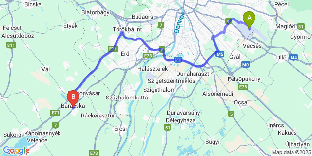 Map: Budapest Airport (BUD), Ferihegy, Liszt Ferenc to Baracska