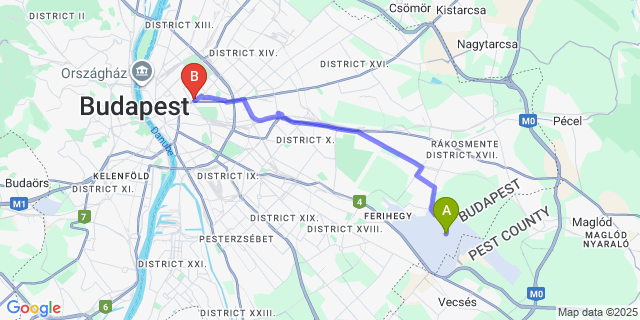Map: Budapest Airport (BUD), Ferihegy, Liszt Ferenc to Baross City Hotel