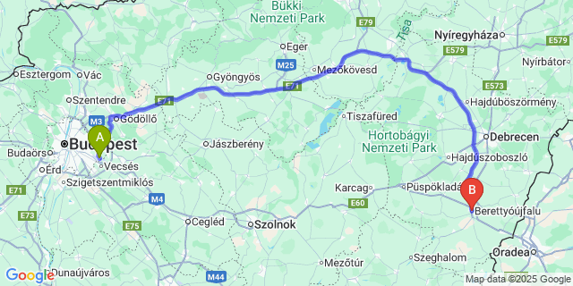 Map: Budapest Airport (BUD), Ferihegy, Liszt Ferenc to Berettyóújfalu