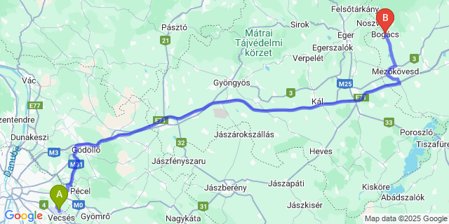 Map: Budapest Airport (BUD), Ferihegy, Liszt Ferenc to Bogács