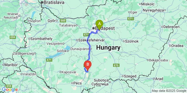 Map: Budapest Airport (BUD), Ferihegy, Liszt Ferenc to Bogyiszló