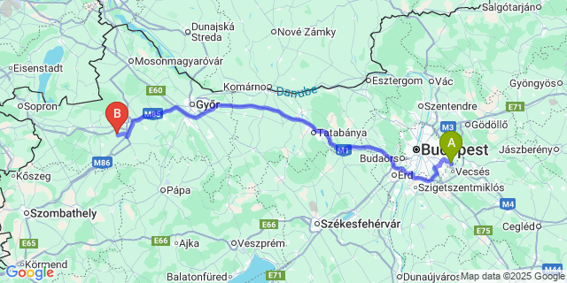 Map: Budapest Airport (BUD), Ferihegy, Liszt Ferenc to Bogyoszló