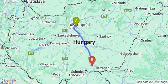 Map: Budapest Airport (BUD), Ferihegy, Liszt Ferenc to Bordány