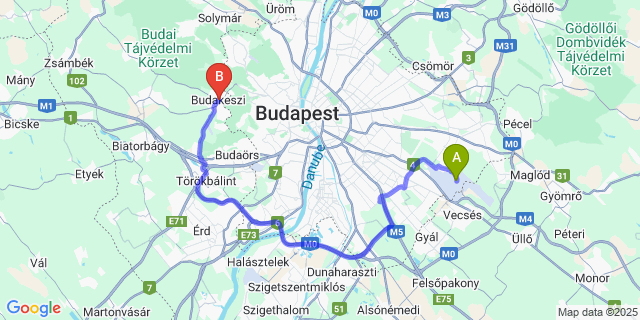 Map: Budapest Airport (BUD), Ferihegy, Liszt Ferenc to Budakeszi