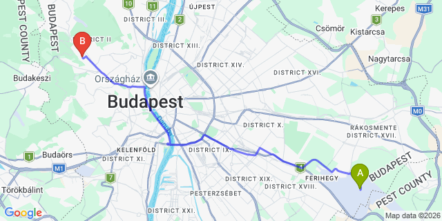 Map: Budapest Airport (BUD), Ferihegy, Liszt Ferenc to Budapest 1021