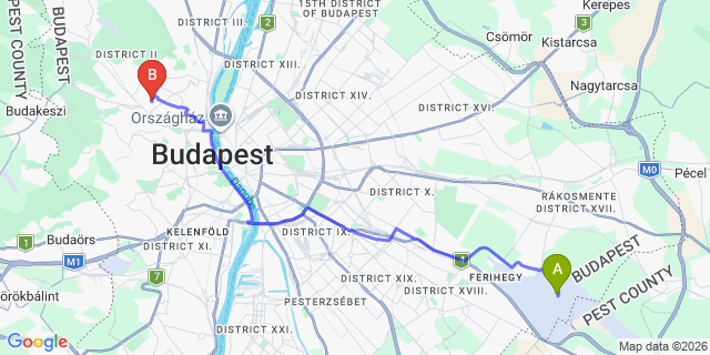 Map: Budapest Airport (BUD), Ferihegy, Liszt Ferenc to Budapest 1026