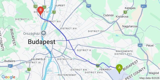 Map: Budapest Airport (BUD), Ferihegy, Liszt Ferenc to Budapest 1035