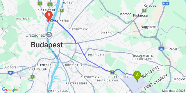 Map: Budapest Airport (BUD), Ferihegy, Liszt Ferenc to Budapest 1036