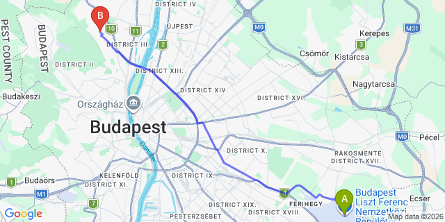 Map: Budapest Airport (BUD), Ferihegy, Liszt Ferenc to Budapest 1037