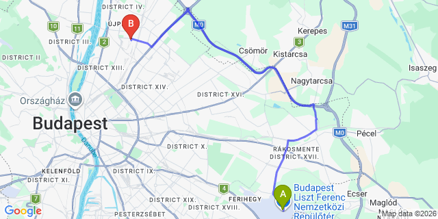 Map: Budapest Airport (BUD), Ferihegy, Liszt Ferenc to Budapest 1045