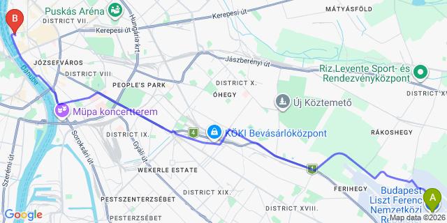 Map: Budapest Airport (BUD), Ferihegy, Liszt Ferenc to Budapest 1051