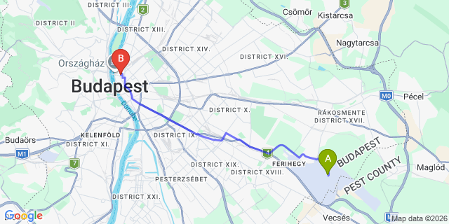 Map: Budapest Airport (BUD), Ferihegy, Liszt Ferenc to Budapest 1054