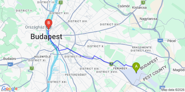 Map: Budapest Airport (BUD), Ferihegy, Liszt Ferenc to Budapest 1055