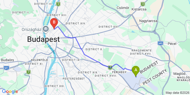 Map: Budapest Airport (BUD), Ferihegy, Liszt Ferenc to Budapest 1062