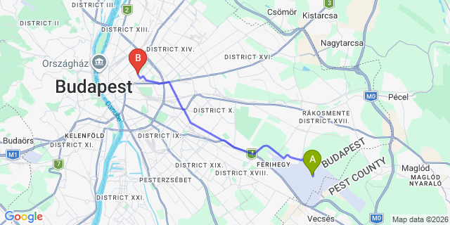 Map: Budapest Airport (BUD), Ferihegy, Liszt Ferenc to Budapest 1078