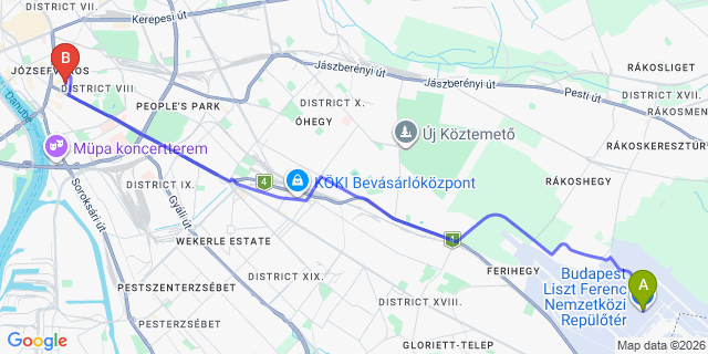 Map: Budapest Airport (BUD), Ferihegy, Liszt Ferenc to Budapest 1082