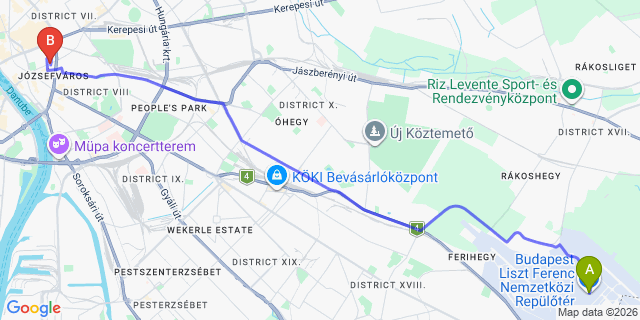 Map: Budapest Airport (BUD), Ferihegy, Liszt Ferenc to Budapest 1085