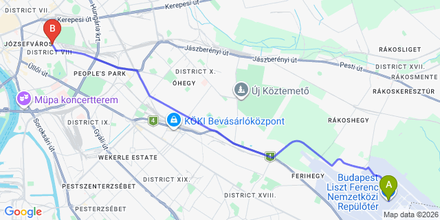 Map: Budapest Airport (BUD), Ferihegy, Liszt Ferenc to Budapest 1086