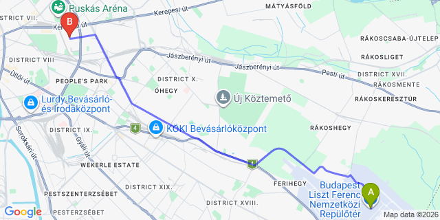 Map: Budapest Airport (BUD), Ferihegy, Liszt Ferenc to Budapest 1087