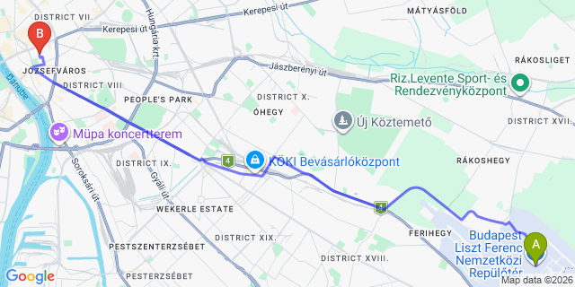 Map: Budapest Airport (BUD), Ferihegy, Liszt Ferenc to Budapest 1088