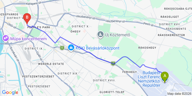 Map: Budapest Airport (BUD), Ferihegy, Liszt Ferenc to Budapest 1089
