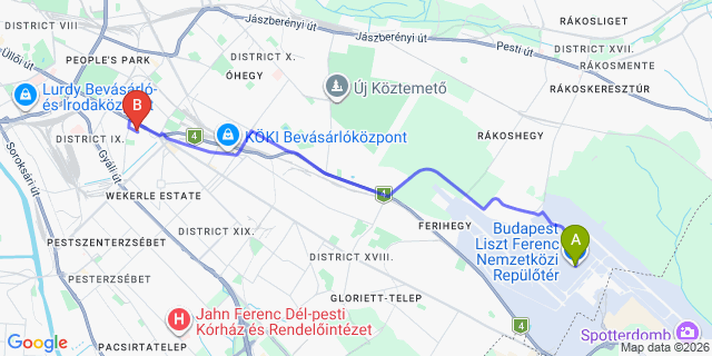 Map: Budapest Airport (BUD), Ferihegy, Liszt Ferenc to Budapest 1091